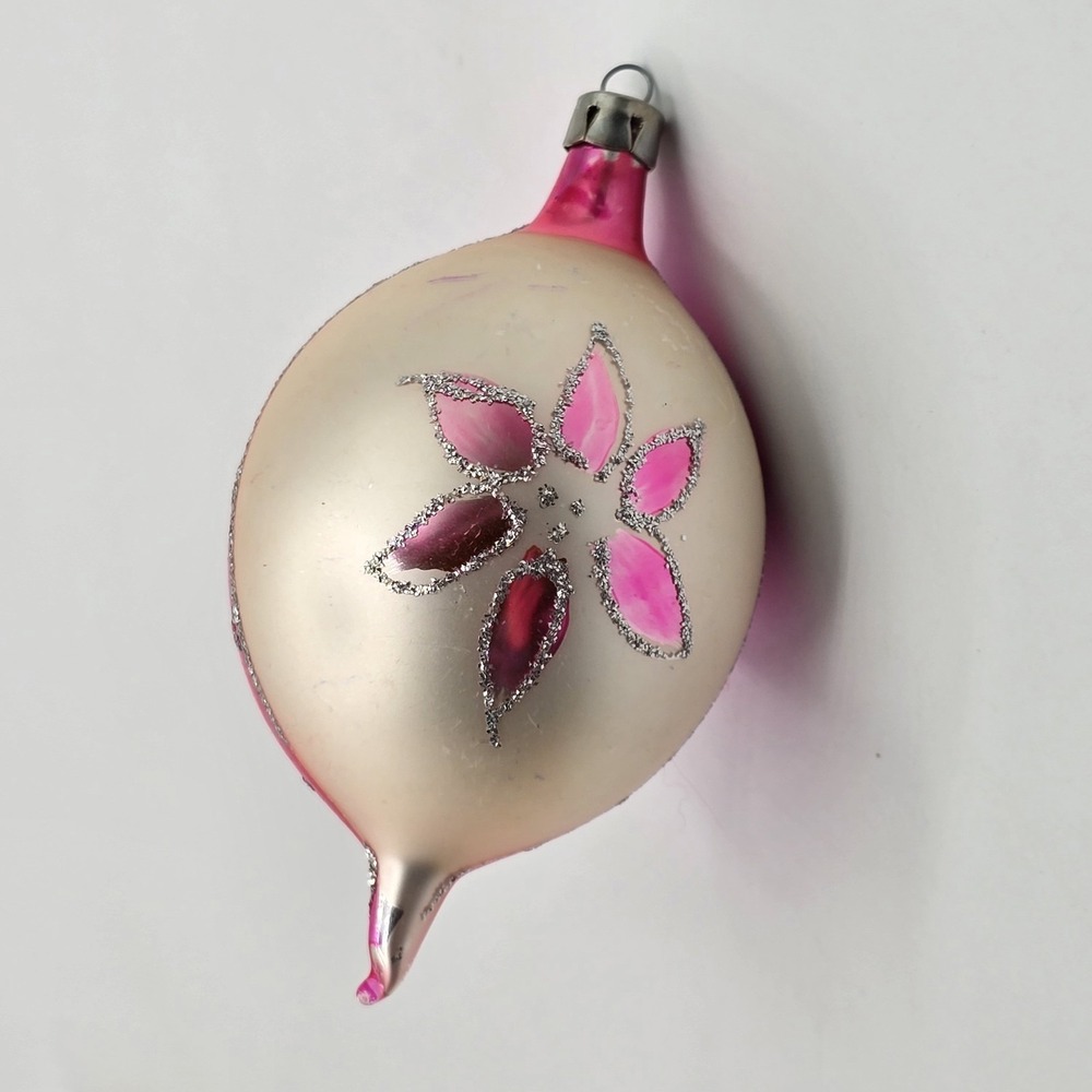 Vtg White Pink Floral Design Blown Glass Teardrop Ball Christmas Tree Ornament